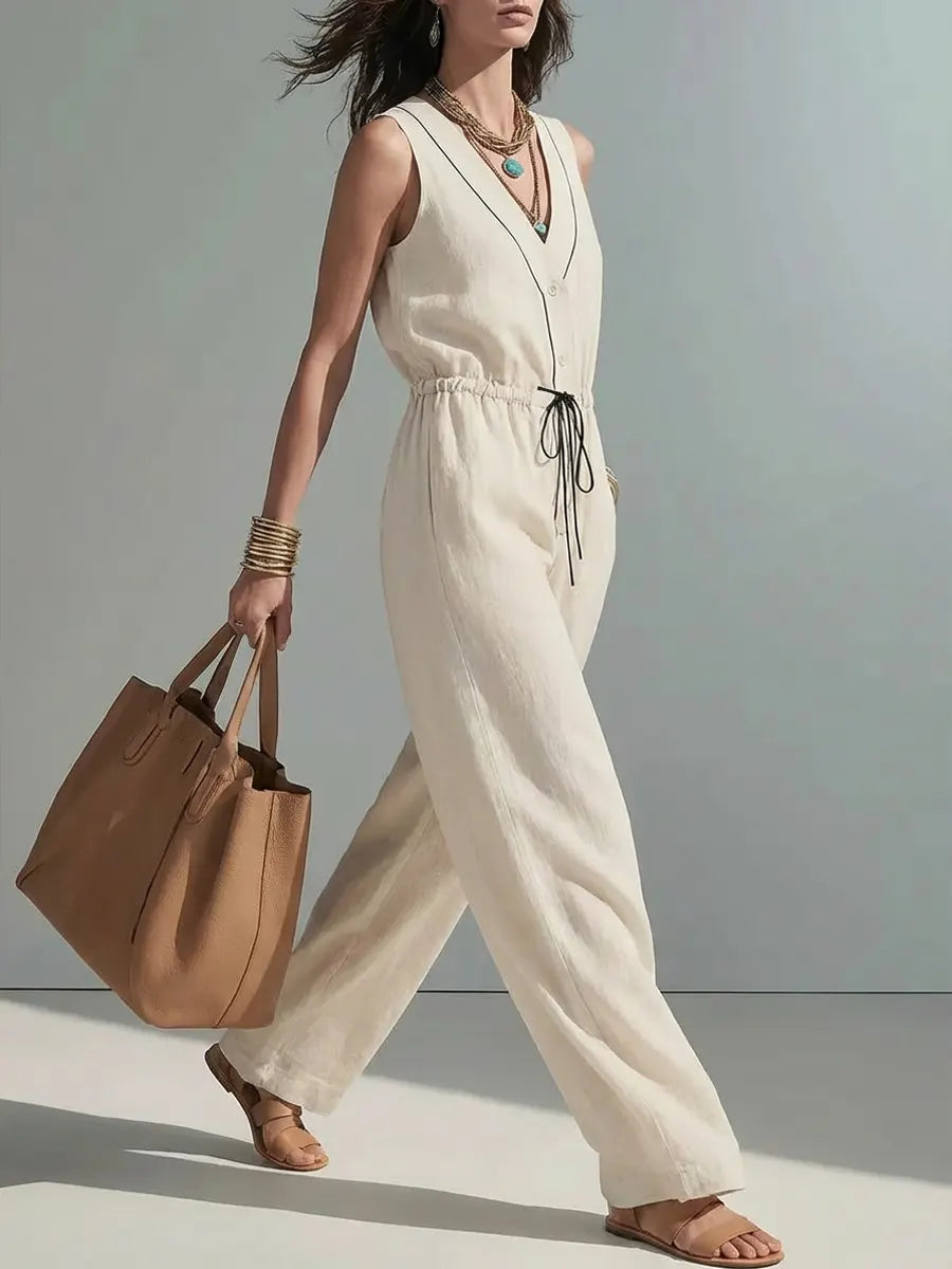 Women's Solid Color Art Button Stylish No Sleeve Cotton Jumpsuit