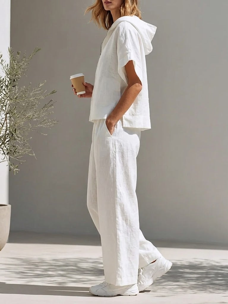 Women's Casual Simple Style Hoodie And Wide-leg Pants Cotton-linen Set