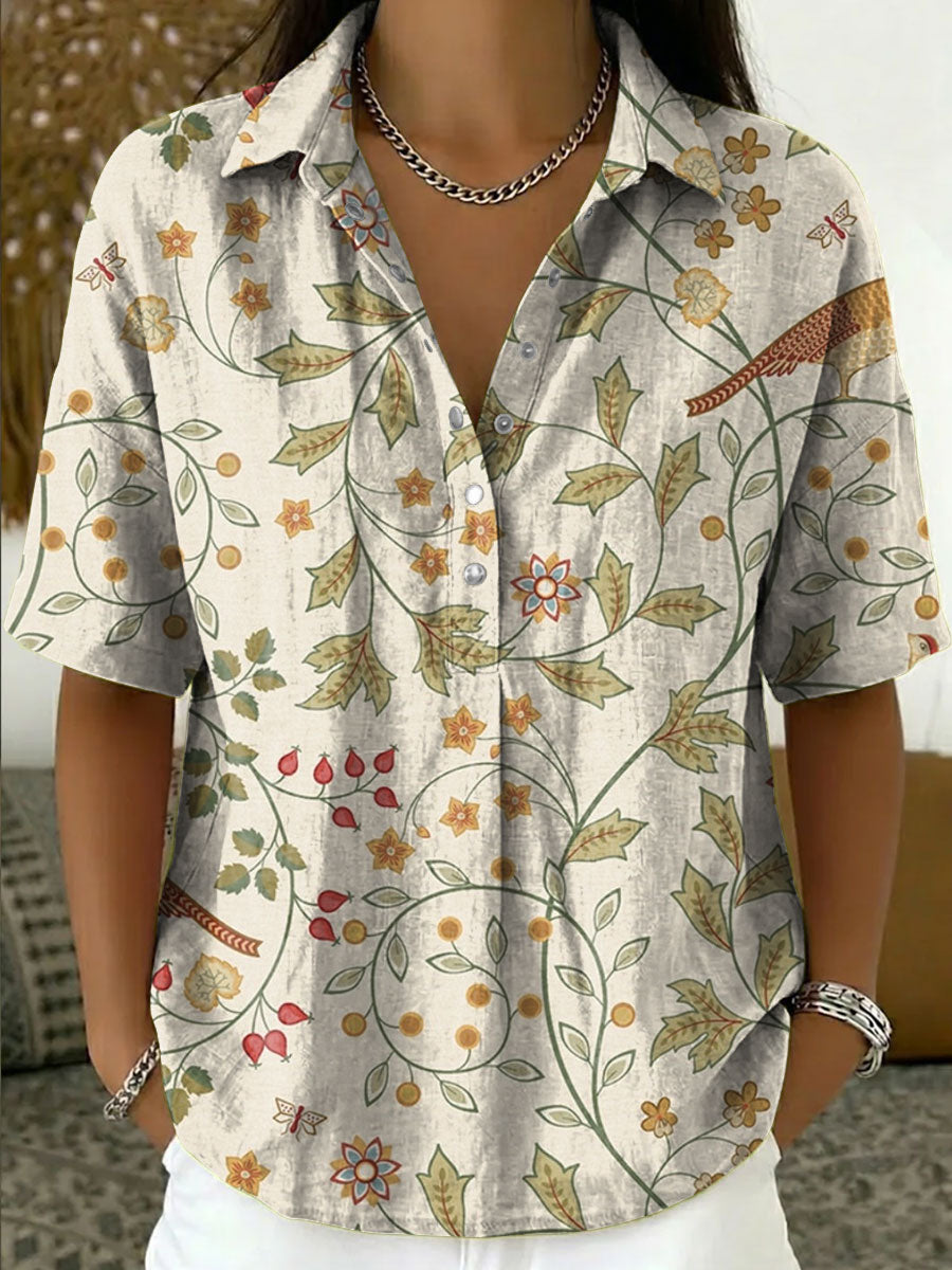 Women's Vintage Botanical Floral Casual Polo Collar Short-sleeved Linen And Cotton Shirt