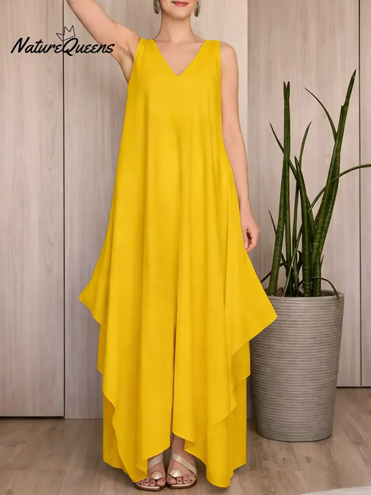 Women's Solid Color V-neck Sleeveless Loose Casual Cotton And Linen Dress