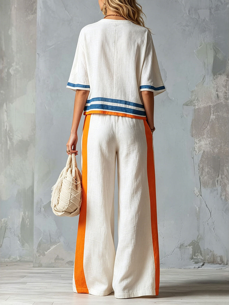 Women's Striped Color-block Loose Vacation Round Neck Short-sleeve Top And Wide-leg Pants Two-piece Set