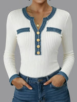 Casual Patchwork Denim Webbing Knit Top