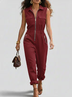 Fashionable And Casual Zippered Sleeveless Cotton Jumpsuit