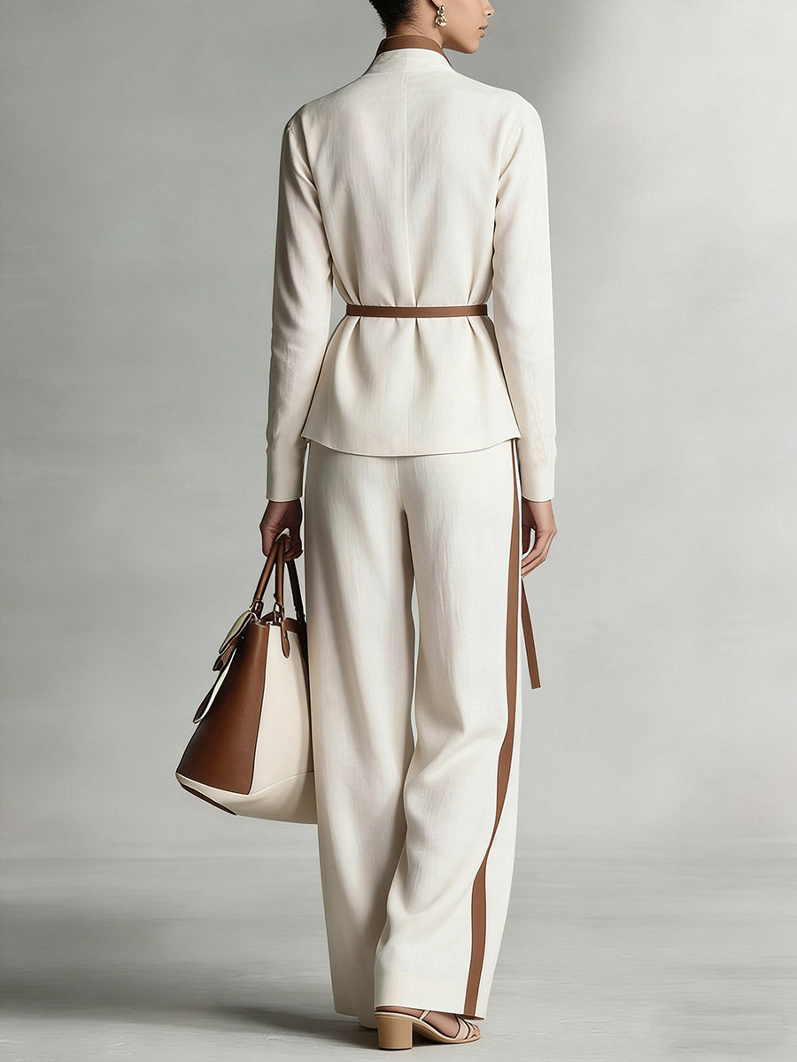 Women's Stand Collar Long Sleeve Casual Loose Top High Waist Casual Loose Wide Leg Pants Cotton Linen Set