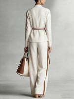 Women's Stand Collar Long Sleeve Casual Loose Top High Waist Casual Loose Wide Leg Pants Cotton Linen Set