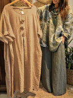 Women's Solid Color Round Neck 3/4 Sleeve Casual Loose Cotton And Linen Dress