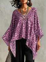 Women's Vintage Leopard Print V-neck 3/4-sleeve Casual Loose Cotton-linen Top