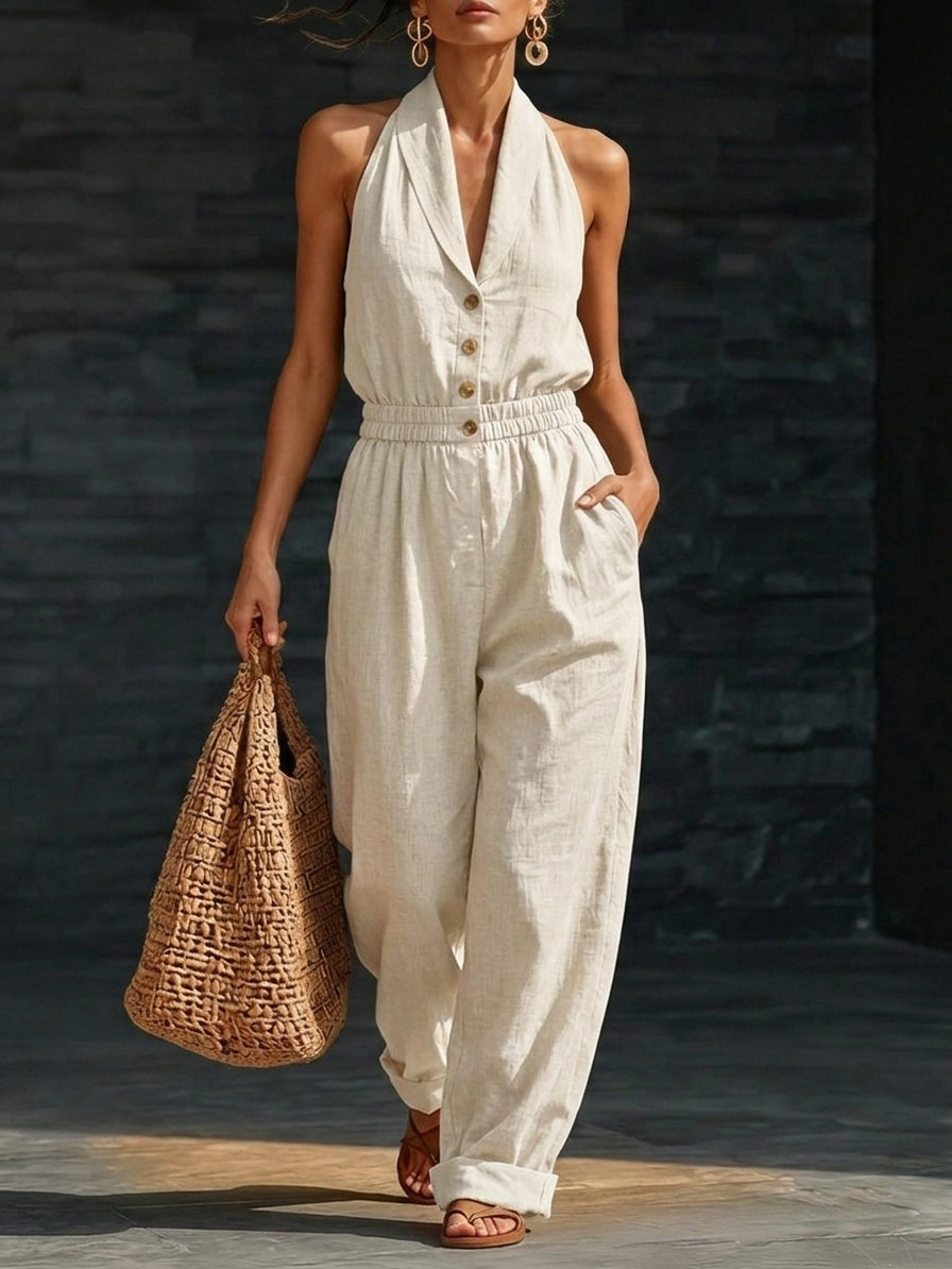Elegant Cozy V-neck Button-up Loose Linen Jumpsuit