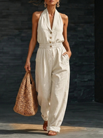 Elegant Cozy V-neck Button-up Loose Linen Jumpsuit