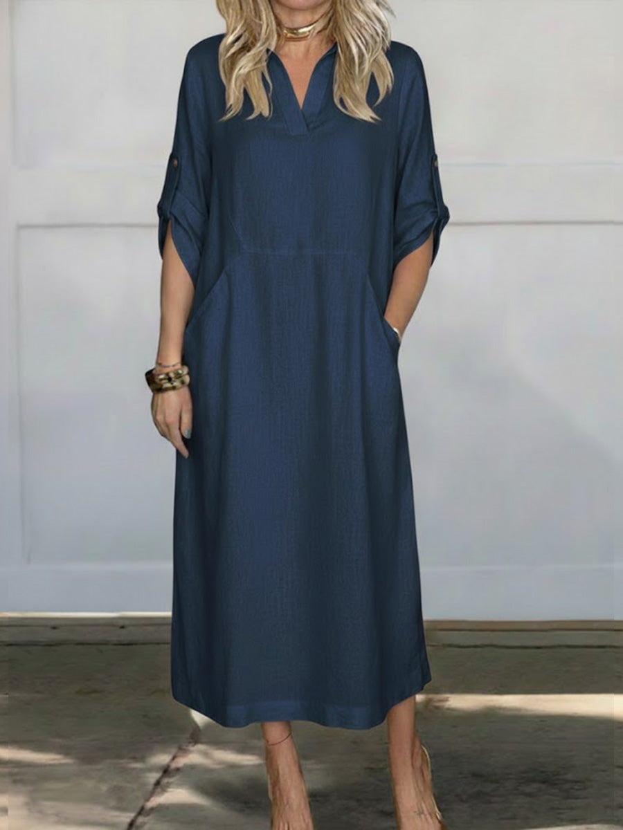Women's Solid Color Lapel Long-sleeved Casual Loose Linen Dress