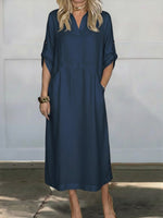Women's Solid Color Lapel Long-sleeved Casual Loose Linen Dress