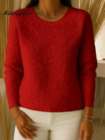 Women's Solid Color Round Neck Long Sleeve 3D Embossed Print Knit Top