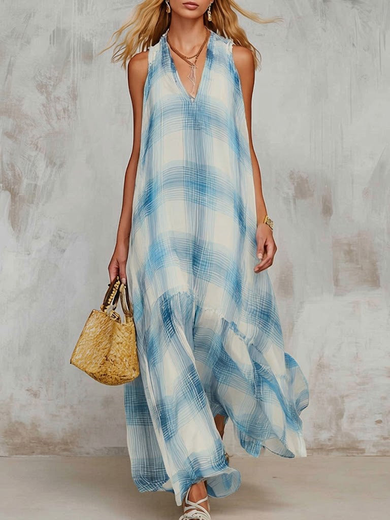 Ombré Plaid Sleeveless V-neck Maxi Dress With Flowing Full Skirt