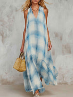Ombré Plaid Sleeveless V-neck Maxi Dress With Flowing Full Skirt