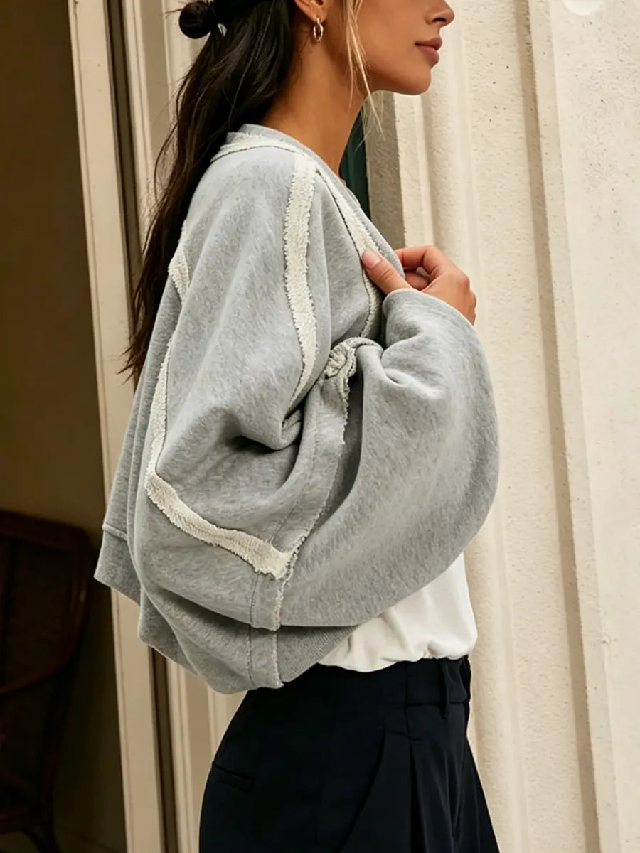 Sudadera corta abierta de manga abullonada extragrande para mujer
