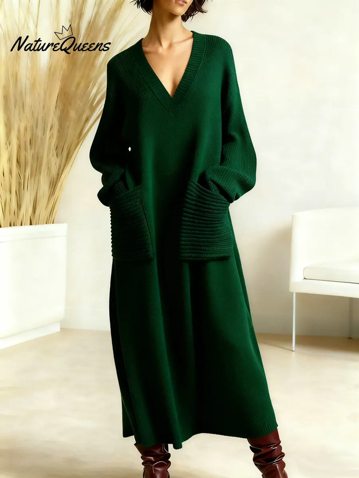 Women's Solid Color V-neck Long Sleeve Casual Pocket Loose Knit Dress