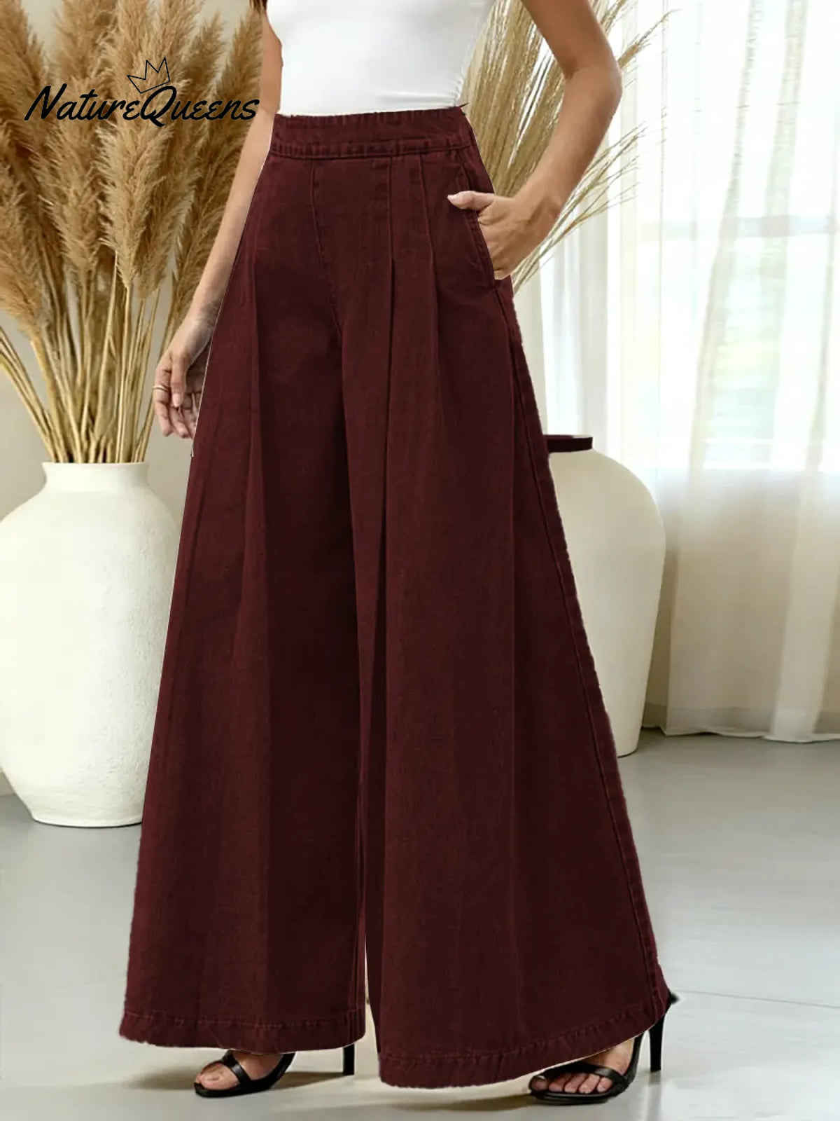 Women's Solid Color High-waisted Casual Loose Cotton Wide-leg Pants