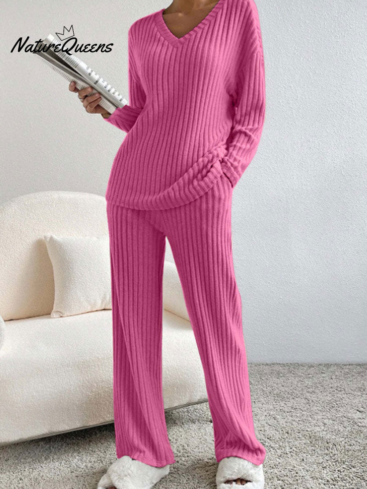 Women's Solid Color Casual Straight Leg Pants Loose V-neck Knit Set