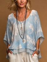 Women's Vintage-print V-neck 3/4-sleeve Casual Loose Chiffon Top