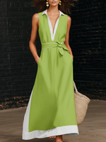 Retro Color-blocked Lapel Maxi Dress With Belt