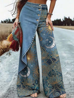 Women's Retro Floral Moon Art Print Casual Denim Jeans
