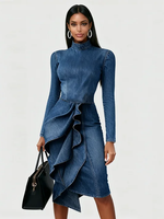 Elegant Multi-layered Ruffle Hem Denim Dress