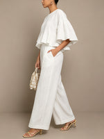 Women's White Pleated Cotton-linen Ruffle Sleeve Two-piece Set