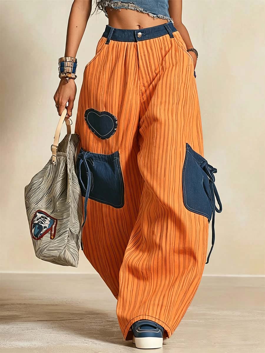 Women's Retro Striped Pattern Art Casual Cotton Denim Patchwork Pants