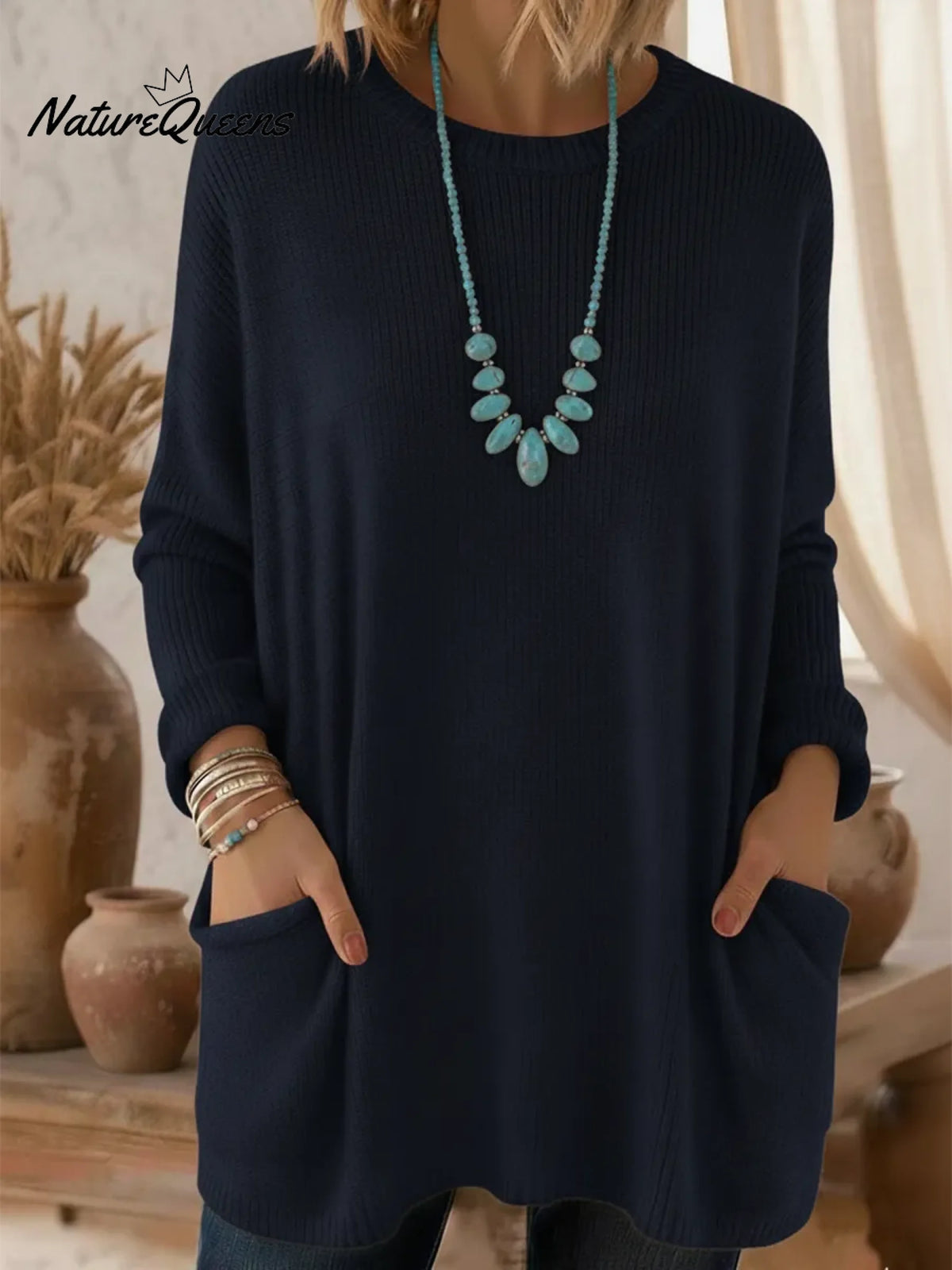 Cozy Loose-fitting Crew Neck Pocket Sweater Pullover