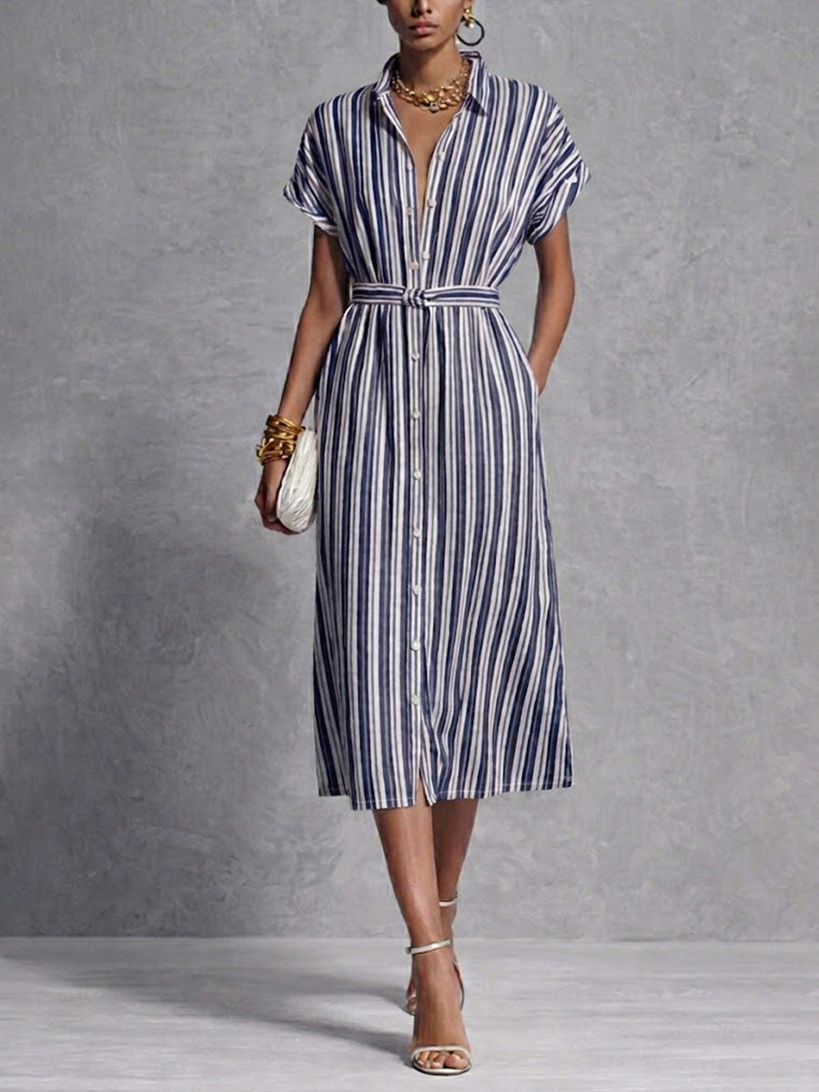 Women's Striped Print Lapel Short-sleeved Casual Loose Shirt Dress