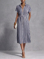 Women's Striped Print Lapel Short-sleeved Casual Loose Shirt Dress