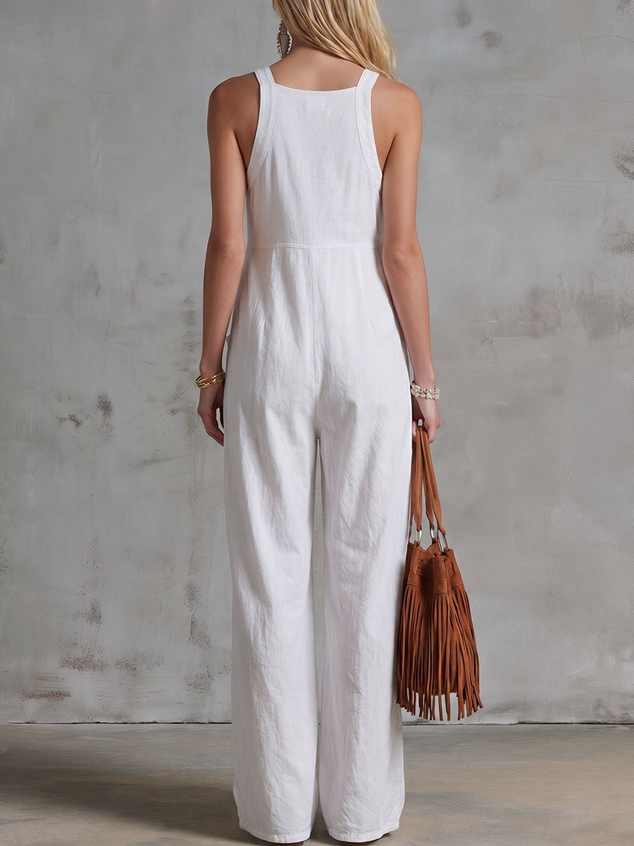 Women's Solid-color V-neck Sleeveless Casual Loose Cotton-linen Wide-leg Jumpsuit