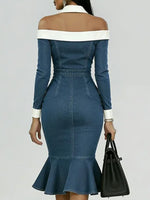 Women's Off-the-shoulder Long-sleeved Casual Loose Denim Slim-fit Dress