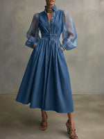 Stylish Denim Dress With Organza Sleeves And Buttons