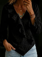 Women's Cotton-linen Ruffled V-neck Blouse With Asymmetrical Hem And Flared Sleeves