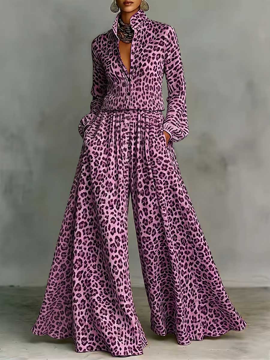 Women's Leopard Print Matching Set: Collared Long-sleeve Loose-fit Casual Top & High-waisted Loose Wide-leg Pants