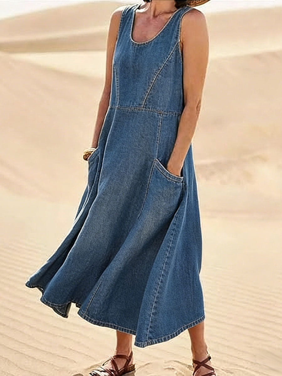 Women's Round Neck Sleeveless Casual Loose Denim Vest Dress