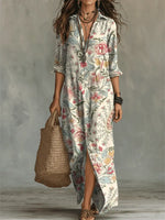 Vintage Floral Print Cotton And Linen Shirt Dress