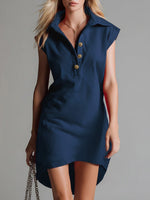 Women's Solid Color Lapel Short-sleeved Casual Loose Cotton Dress