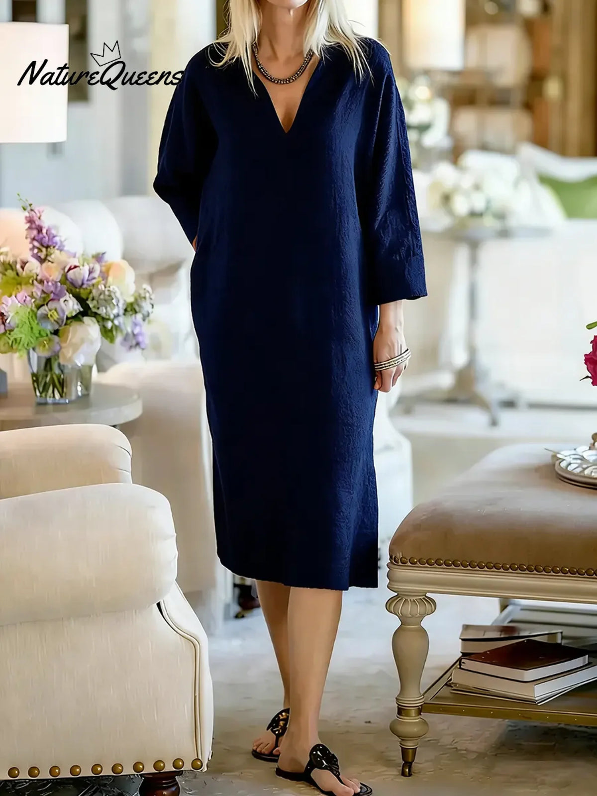 Women's Solid Color V-neck Long-sleeved Casual Loose Cotton And Linen Dress