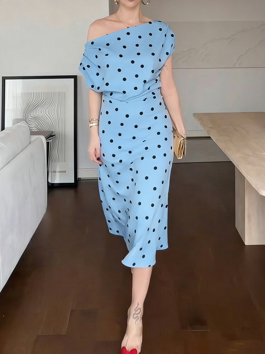 Women's Polka Dot Print Round-neck Short-sleeve Slim-fit Dress