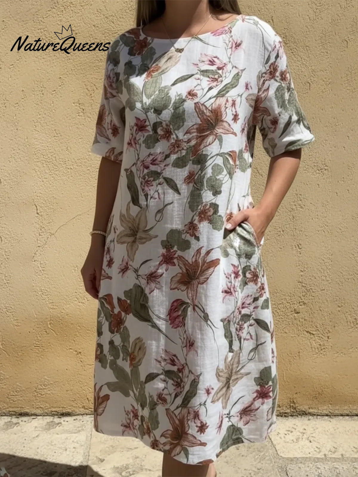 Lily Flower Print Round Neck A-line Dress