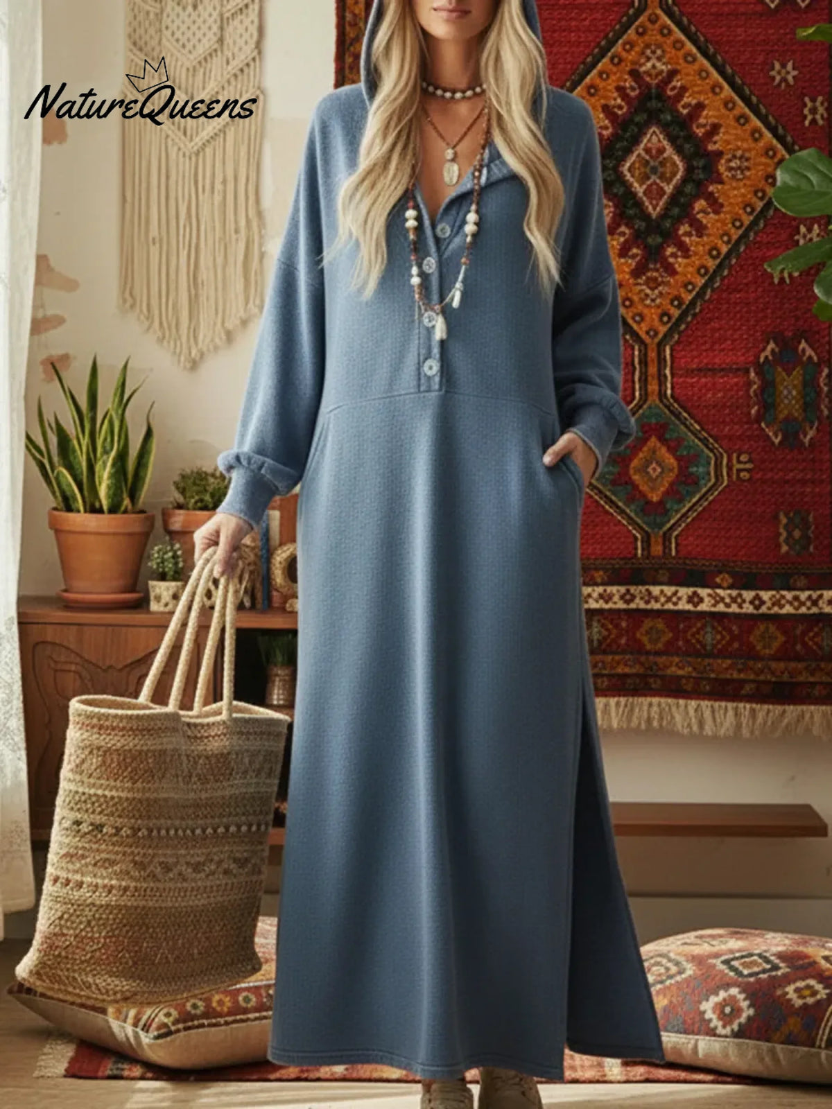 Casual Cozy Loose Hooded Button-up Cotton Dress