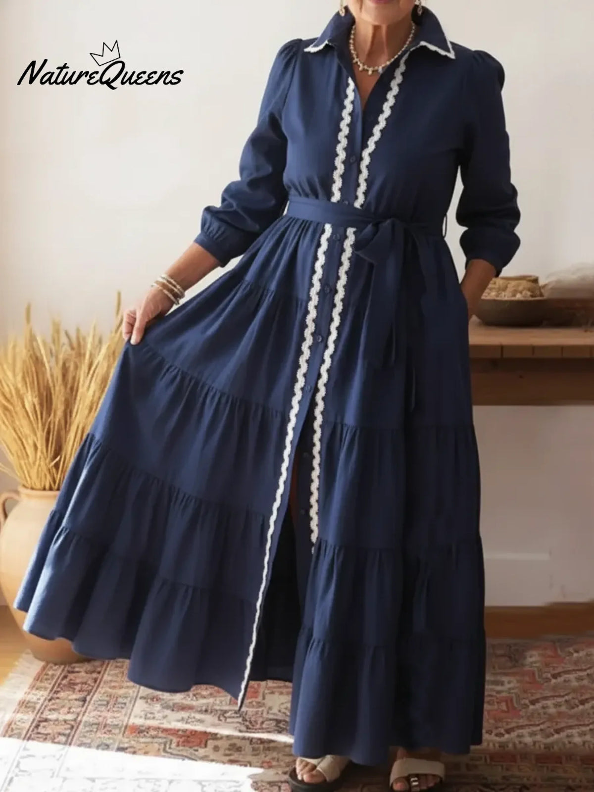 Elegant Collared Lace-trimmed Multi-layered Hem Shirt Dress