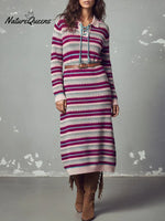 Women's Color-blocked Striped Print Cardigan Collar Long-sleeved Casual Loose Knit Dress