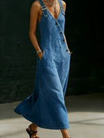 Casual Button-up Shoulder Straps Denim Dress