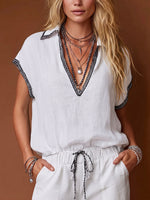 Women's V-neck Short-sleeve Casual Loose Cotton-linen Top