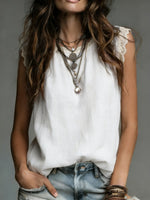 Women's Retro Round Neck Lace-paneled Sleeveless Loose-fit Solid-color Linen Shirt