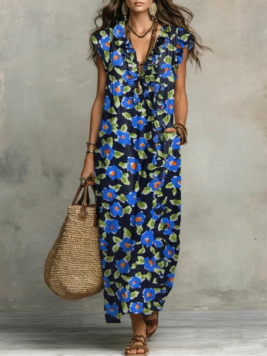 Women's Flower Print Ruffled Sleeveless Dress