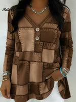Artistic Patchwork Print V-neck Button-up Pullover Top